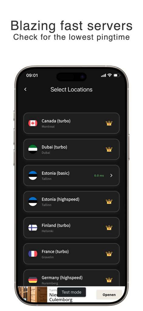 Keepm Secure - Lista de ubicaciones de servidores VPN globales en la interfaz de la aplicación Keepm Secure