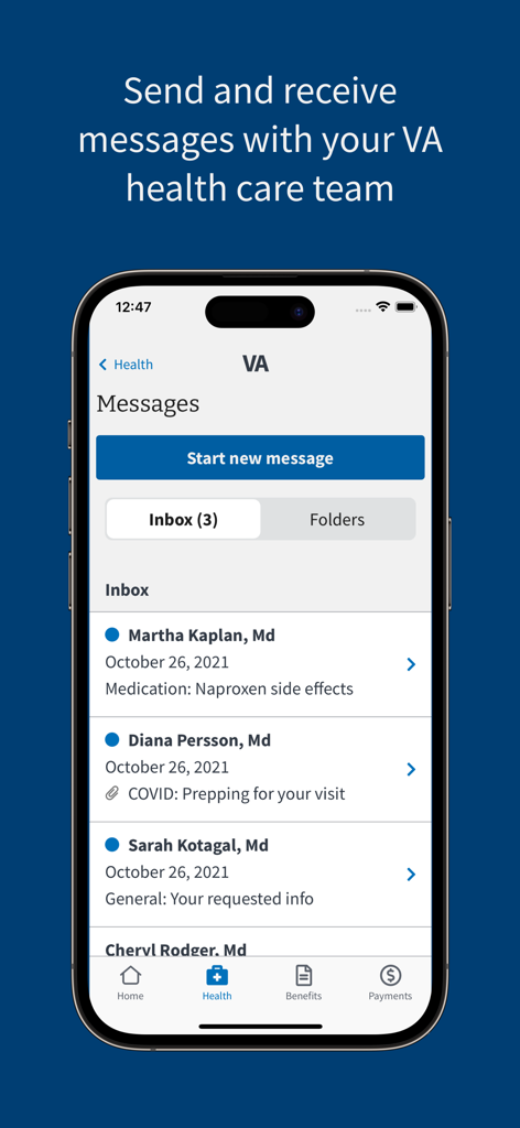 VA: Health and Benefits - A mobile phone screen displaying the secure messaging feature of the VA Health and Benefits app showing a list of doctor communications