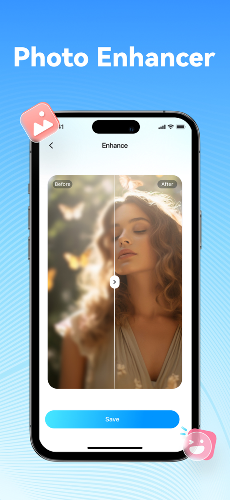 Dr.Fone: Phone Unlock & Rescue - Dr.Fone app interface showing AI photo enhancer with before and after comparison