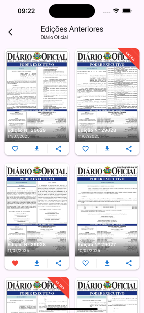 IOMAT - A mobile app screen showing a grid of previous editions of the Mato Grosso State Gazette with options to download and share