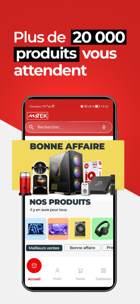 Mytek - Écran d'accueil de l'application mobile Mytek montrant une large sélection de produits technologiques, y compris des PC de jeu et des appareils électroménagers.