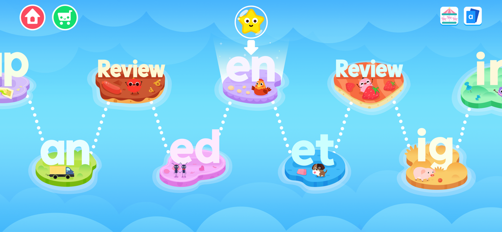 Levelkarte in Dinosaur ABC, die Wortfamilien wie an, ed und en für das frühe Lautierlernen zeigt.