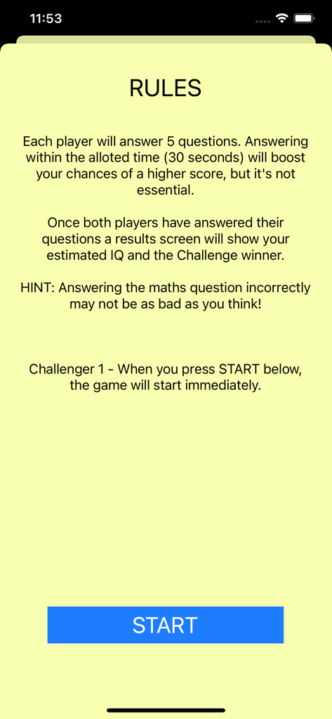 Rules screen of the IQ Test Game prank app showing game instructions and a blue start button