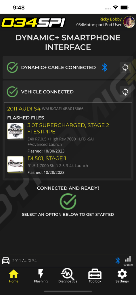 034SPI - Pantalla de inicio de la aplicación 034SPI mostrando un Audi S4 2011 conectado y archivos de tuning de rendimiento aplicados.
