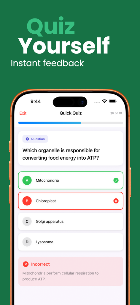 Laxu AI: Quiz & Flashcards - Laxu AI app interface showing a biology quiz with instant feedback on a multiple choice question