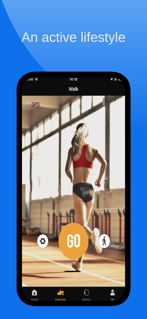 JWEAR - A woman running on a track within the JWEAR fitness app exercise interface featuring a large orange Go button