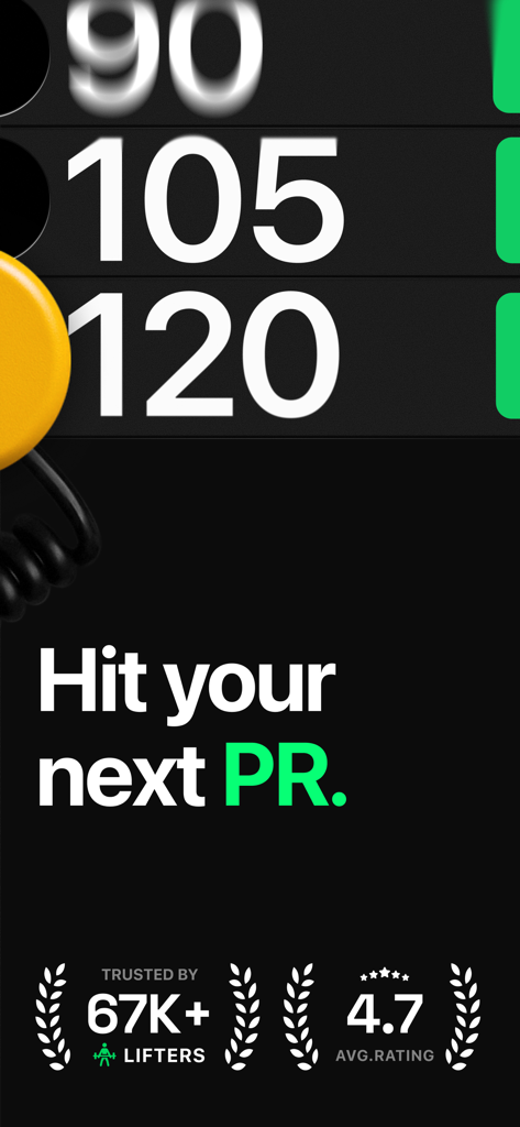 Setgraph app promotional screen displaying the text Hit your next PR alongside user trust statistics and a 4.7 average rating.