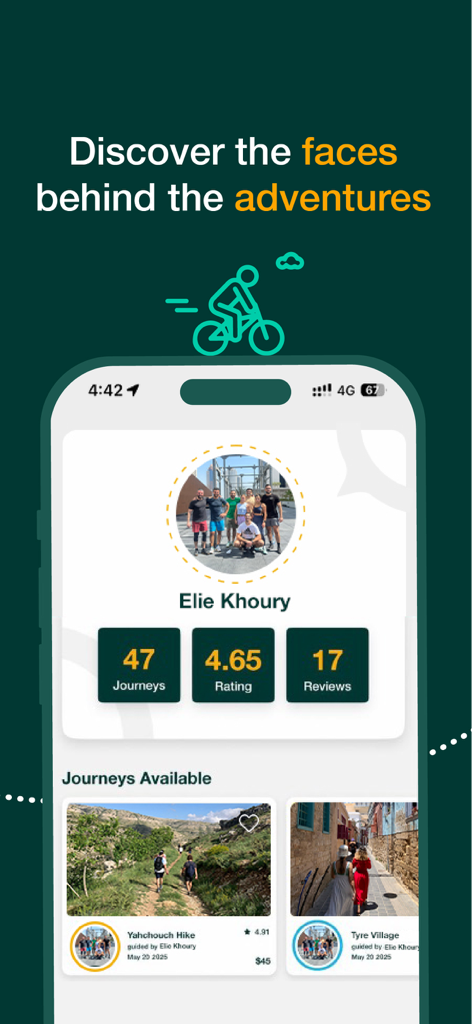 guideit: Connect & Explore - Guide profile screen on guideit app showing ratings and available local tours in Lebanon.