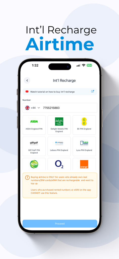 PanelSuite - PanelSuite app interface for international airtime recharge featuring UK mobile network providers.