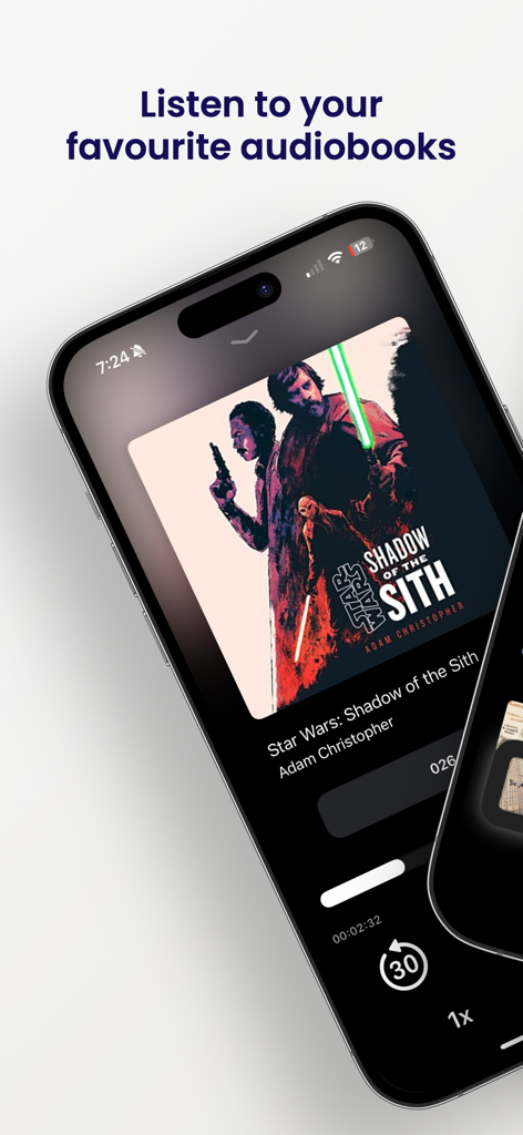 iPhone screen showing the Booken app playing an audiobook with playback controls