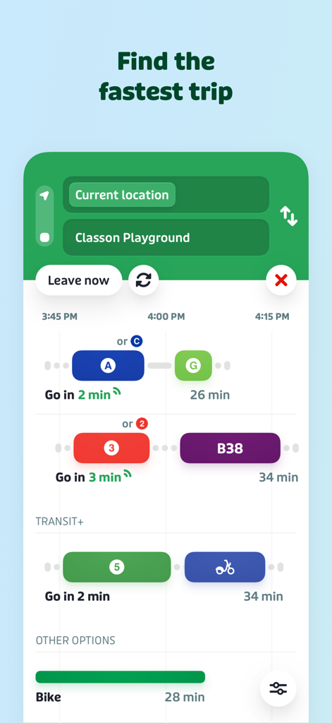 Interface de l'application Transit comparant plusieurs options de transport public et multimodales pour un trajet efficace