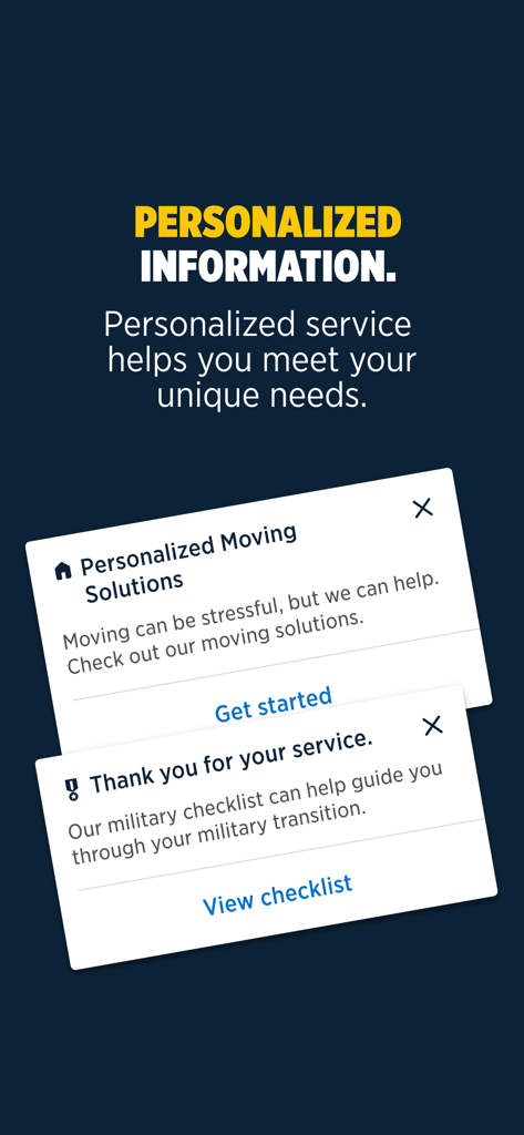 Screenshot of USAA Mobile app displaying personalized notifications for moving solutions and military transition support.