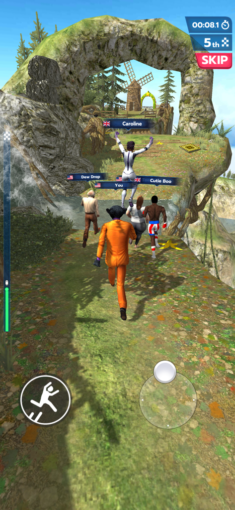 Run Royale: Multiplayer Race - Personagens multiplayer correndo por um percurso de obstáculos cênico com um arco de pedra e um moinho de vento.