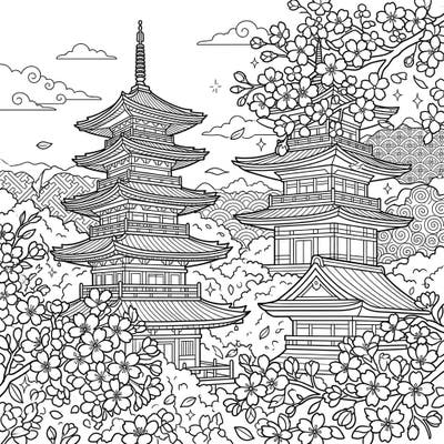 Step into a tranquil Japanese landscape with this stunning coloring page, showcasing majestic pagodas surrounded by a shower of delicate cherry blossoms. Unleash your creativity and bring this serene scene to life with your favorite colors.