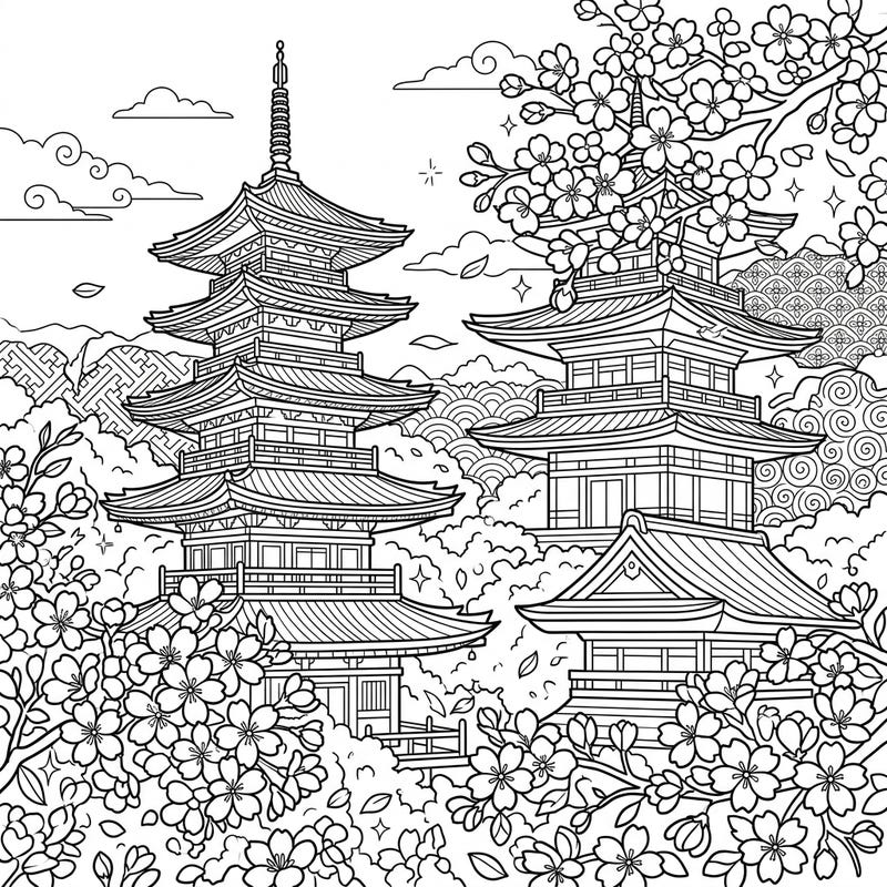 Step into a tranquil Japanese landscape with this stunning coloring page, showcasing majestic pagodas surrounded by a shower of delicate cherry blossoms. Unleash your creativity and bring this serene scene to life with your favorite colors.