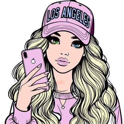 realistic beautiful girl wearing los ángeles cap holding an iphone