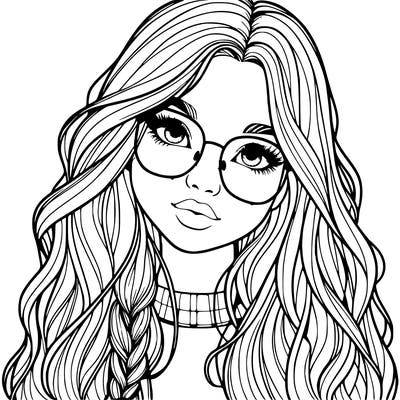 girl with long hair and freckles and glasses realistic