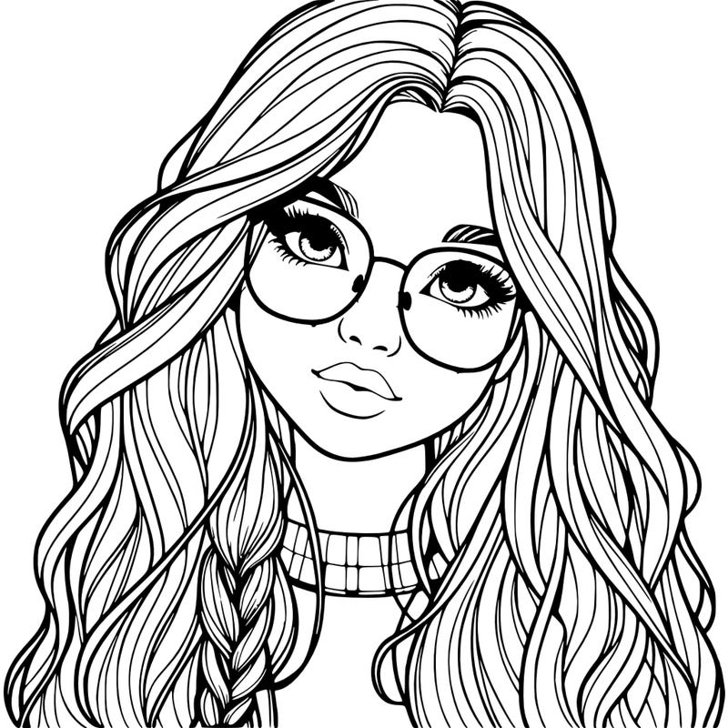 girl with long hair and freckles and glasses realistic