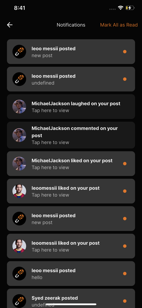 Chaser - The Network - The notifications screen of the Chaser app showing a feed of likes comments and post updates from other users