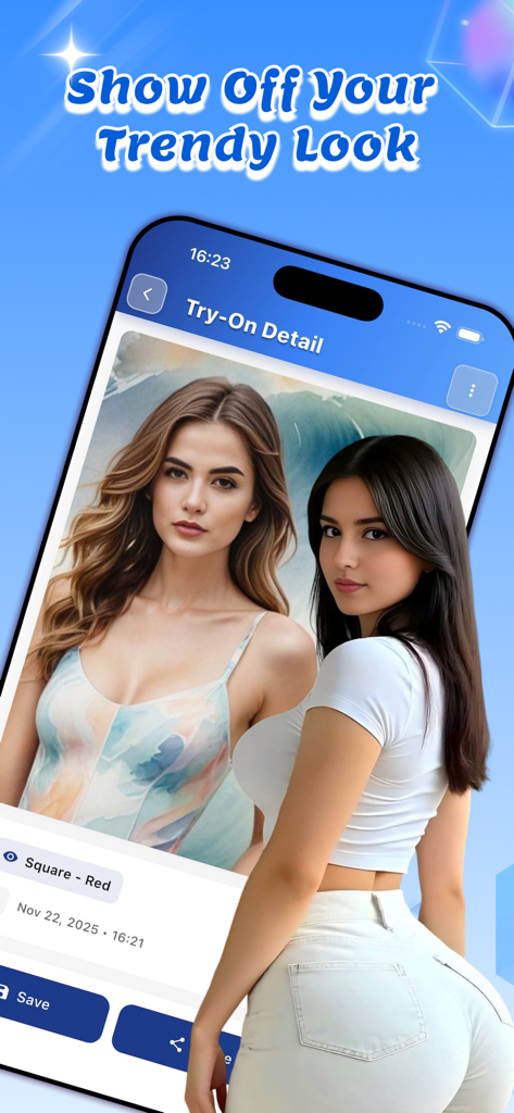 Una pantalla de aplicación móvil que muestra el resultado de una prueba virtual de gafas de sol con opciones para guardar y compartir.
