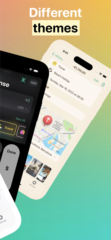 Oberfläche der Fin Budget Tracker App, die verschiedene dunkle und helle Farbschemata zur Ausgabenverfolgung zeigt