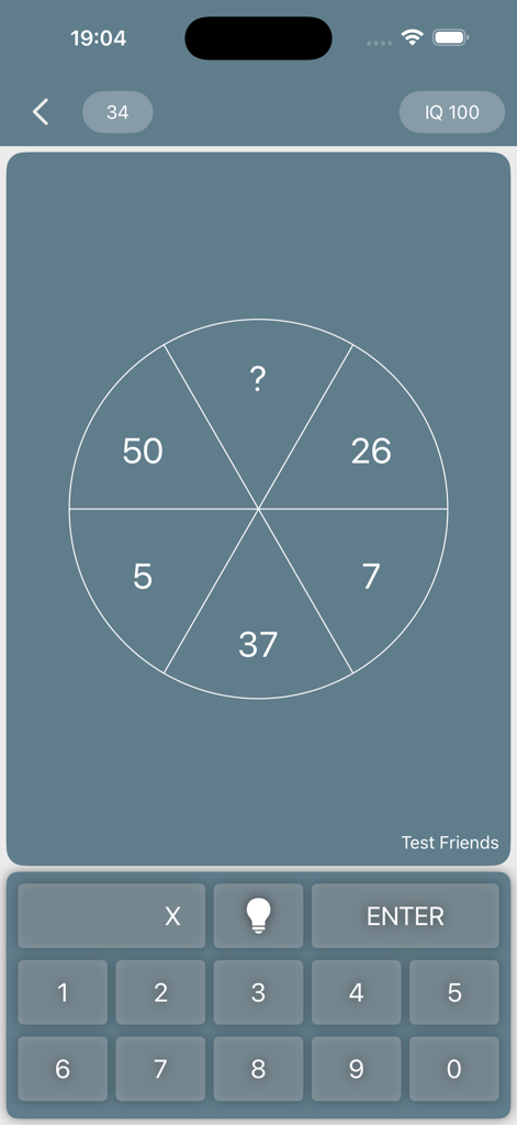 Math Riddles: IQ Test Quiz - A circular logic puzzle screen from the Math Riddles app showing numbers and a numeric keypad for user input