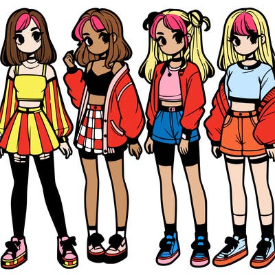 one girl with crop-top shirt and a jacket with a skirt, long socks and another girl with a shirt and pants with a jacket