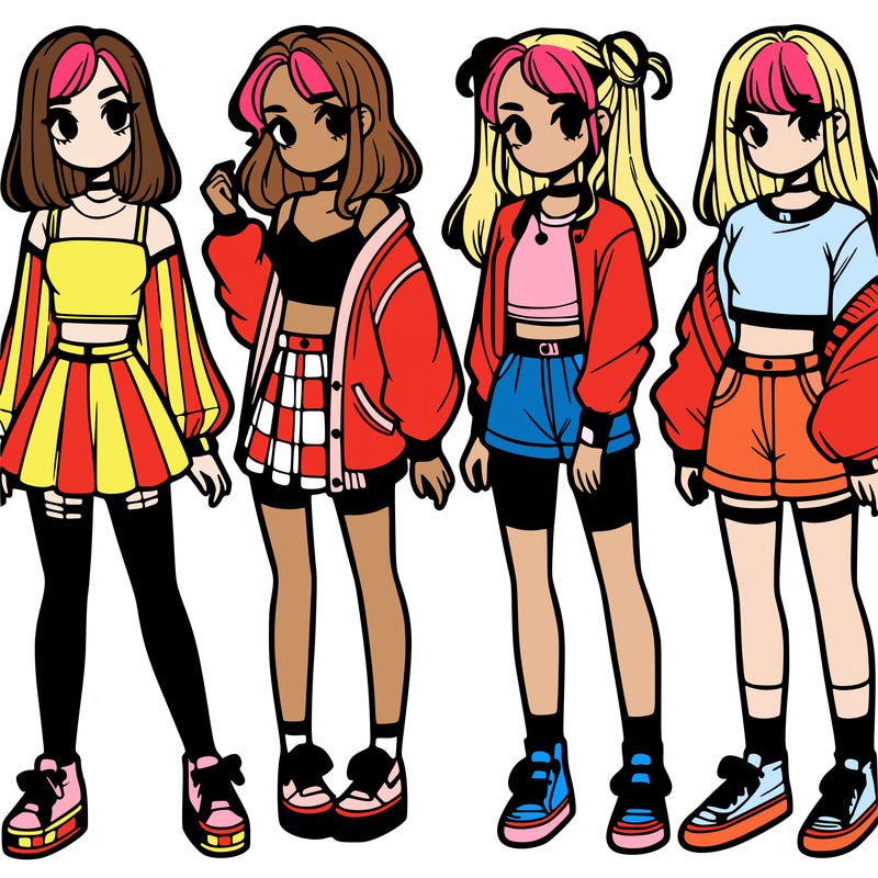 one girl with crop-top shirt and a jacket with a skirt, long socks and another girl with a shirt and pants with a jacket