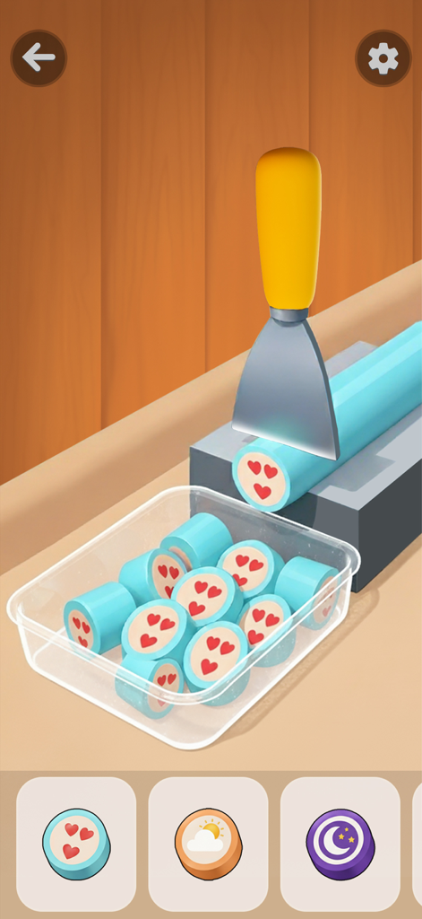 Antistress mini fidget toys - A digital simulation of cutting a blue roll of soap with hearts into small slices for ASMR relaxation