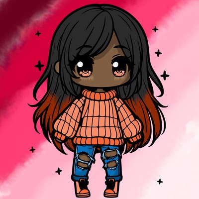 chibi girl with ripped jeans,long hair, and an oversized sweater