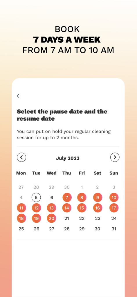 Housekeeping Services - Wecasa - Wecasa app calendar interface for pausing and resuming regular cleaning services