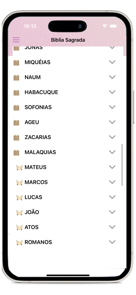 Biblia da Mulher - Smartphone screen showing a list of Bible books in Portuguese from the Biblia da Mulher app interface