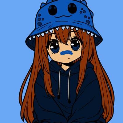 girl with anime shaped eyes with a dinosaur bucket hat oversized sweatshirt long straight hair