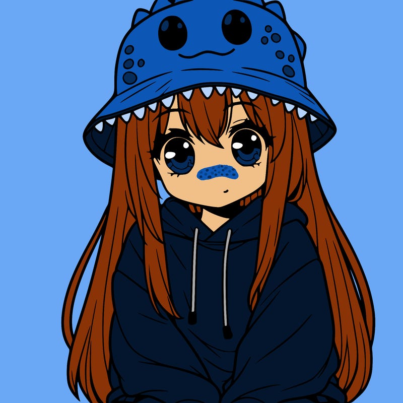 girl with anime shaped eyes with a dinosaur bucket hat oversized sweatshirt long straight hair