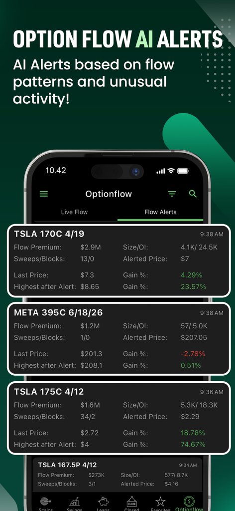 Option Signals - Live Alerts - Mobile app interface displaying real-time AI option flow alerts for Tesla and Meta stocks with gain percentages and technical trading data.