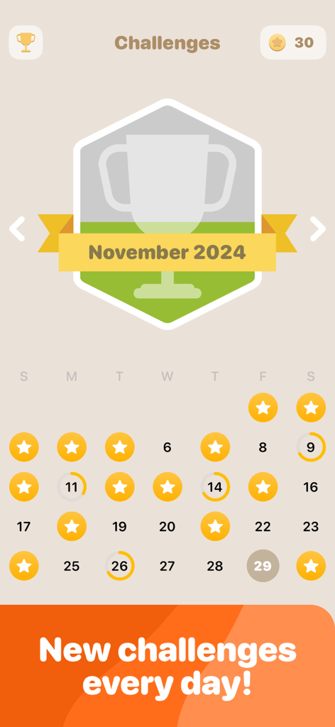 Una vista de calendario que muestra desafíos diarios completados y un trofeo mensual para noviembre de 2024 en la aplicación Logo Quest.
