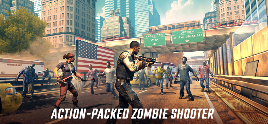 Gameplay of UNKILLED showing characters fighting a horde of zombies in a New York City setting.
