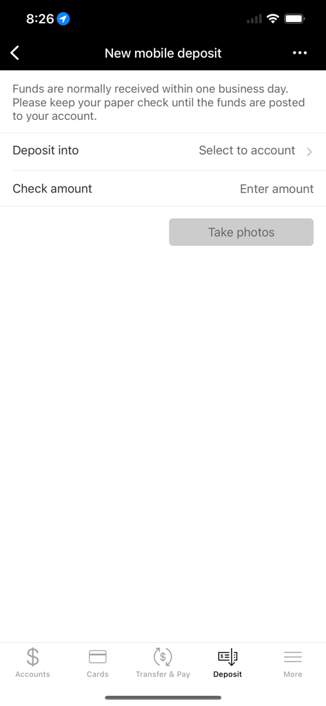 Bank of Colorado - Mobile deposit screen in the Bank of Colorado app with options to select an account and enter a check amount.