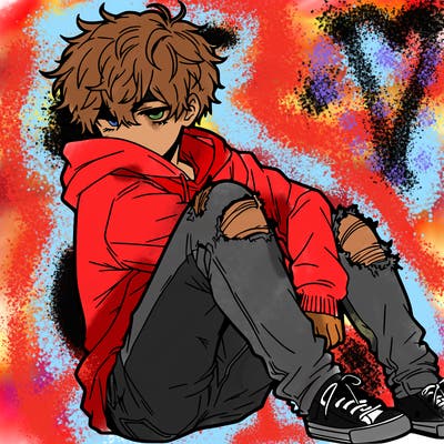 a male hoddie ripped jeans messy hair anime