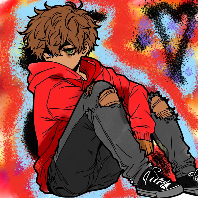 a male hoddie ripped jeans messy hair anime