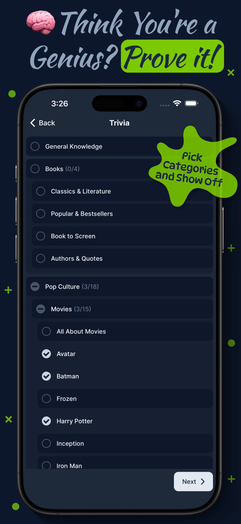 Decode Quest: Trivia Quiz Game - Trivia category selection screen in the Decode Quest app showing books and pop culture options