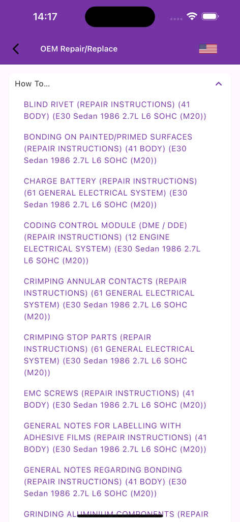 DOCFIX - Auto Repair Guide - DOCFIX App-Bildschirm mit einer Liste von OEM-Reparatur- und Austauschhinweisen für einen BMW E30