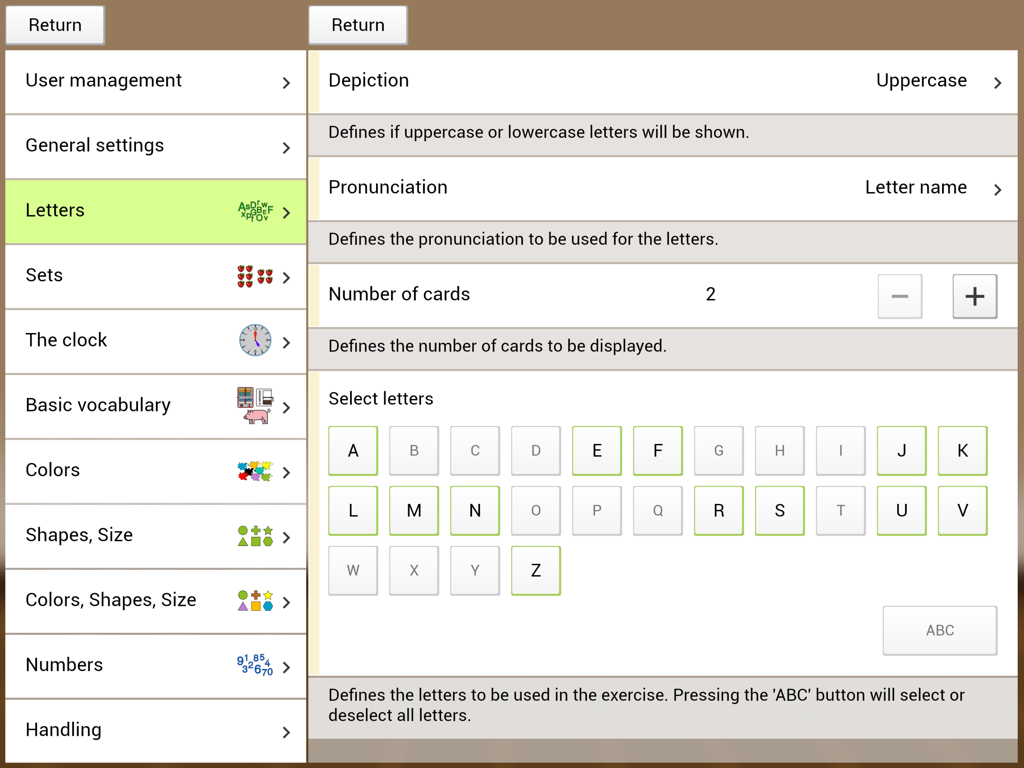 Interfaz de configuración de letras en la aplicación educativa ShowMe 3.0 PRO que muestra opciones para la representación de letras, la pronunciación y la selección de letras.