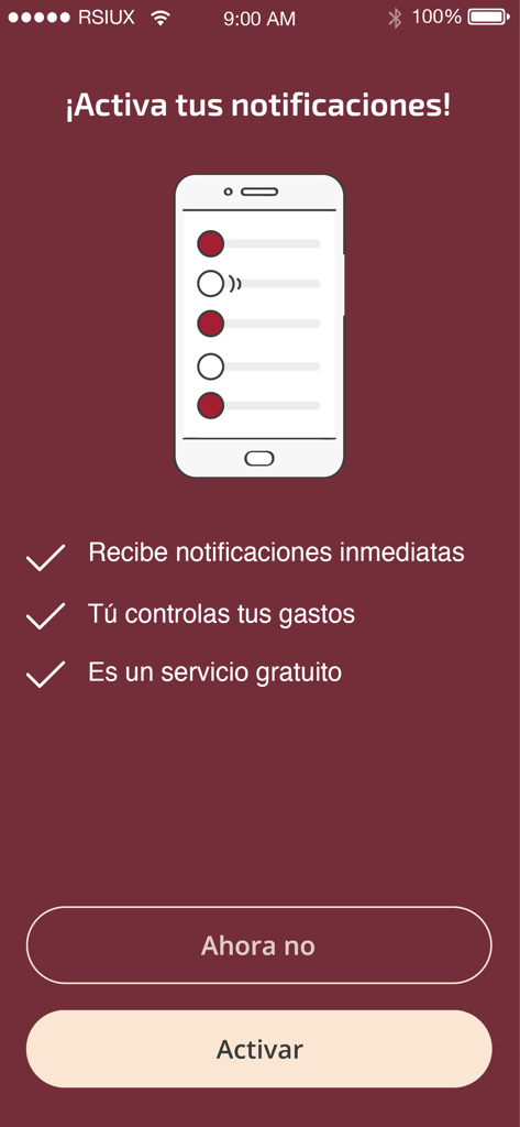 Renta 4 Pay - Pantalla de la aplicación Renta 4 Pay para activar notificaciones push para rastrear gastos