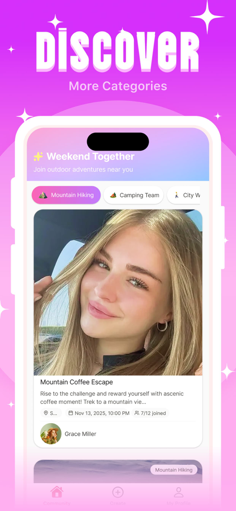 Lida - Connect & Share - Interface of Lida app showing the Discover page with weekend group activity categories like mountain hiking and camping