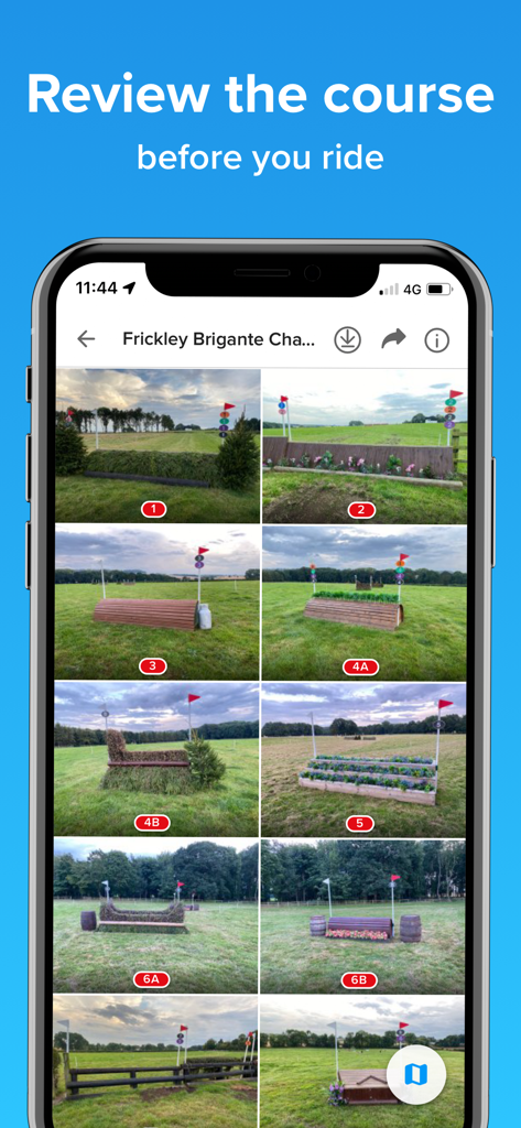 CrossCountry 2 - A mobile screen showing the CrossCountry 2 app with a grid of numbered photos of equestrian jumps on a cross country course