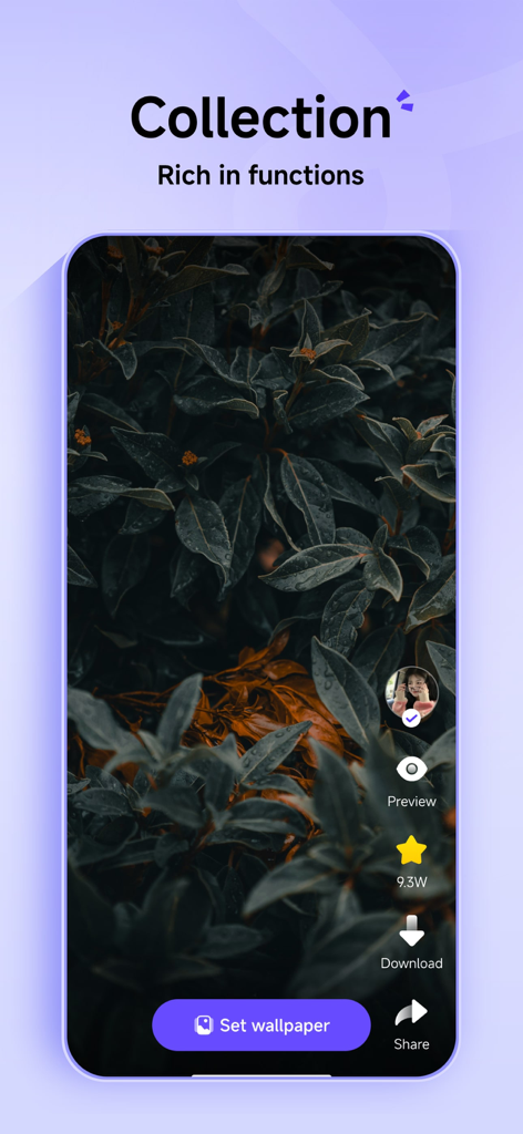 Gpic - 8K Live Wallpaper - Una interfaz de teléfono móvil de la aplicación Gpic que muestra un fondo de pantalla de hojas oscuras de alta resolución con opciones para previsualizar, descargar y establecer como fondo.
