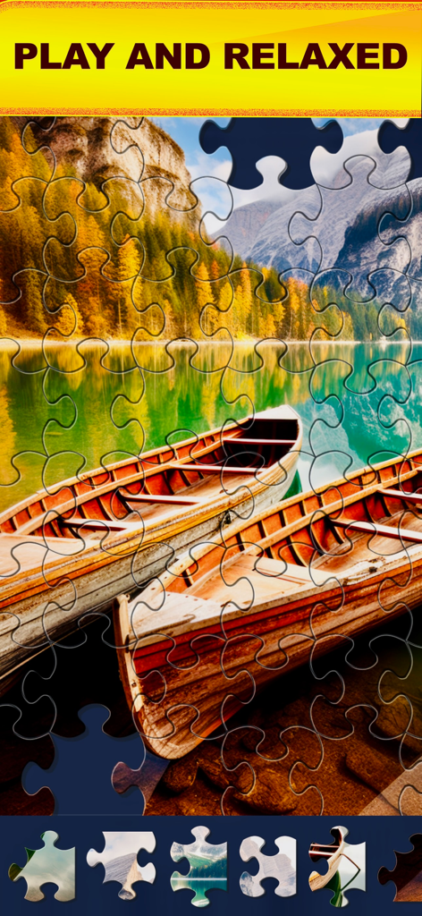 A jigsaw puzzle game interface showing two canoes on a lake with mountain scenery and the text play and relaxed