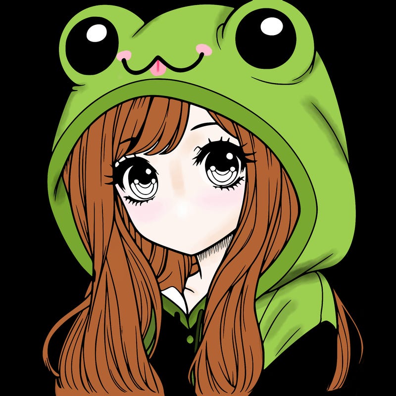 a pretty girl wearing a frog hoodie portrait with long hair