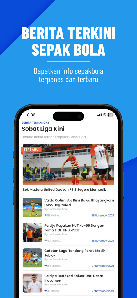Sobat Liga - Sobat Liga mobile app interface displaying a feed of the latest Indonesian football news articles